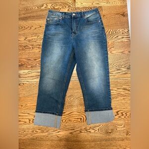 Frye Blue Denim Jeans with Brown Leather Logo Patch